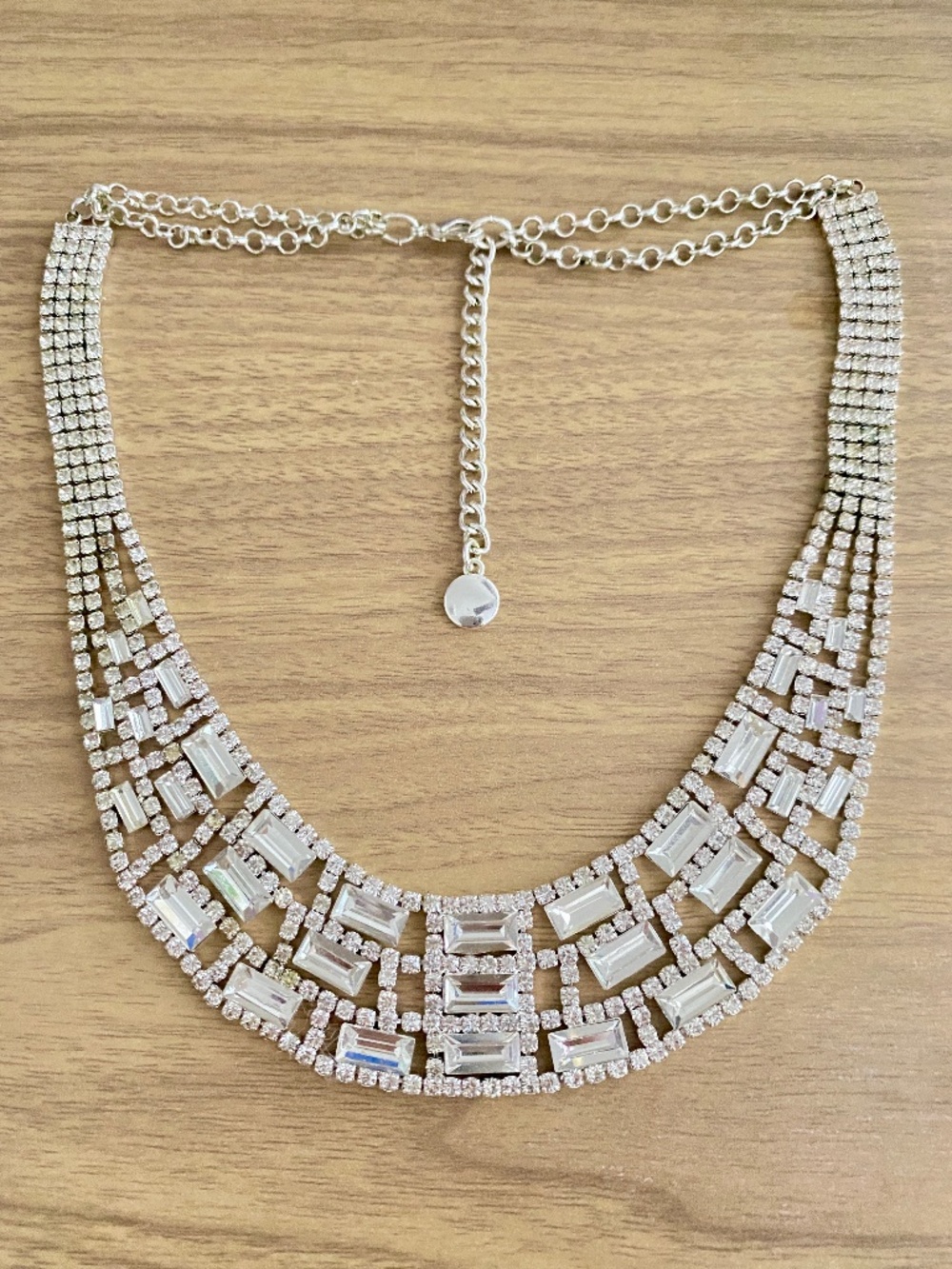 Art Deco Style Light Statement Necklace Silver Tone Clear Rhinestone Bib Collar